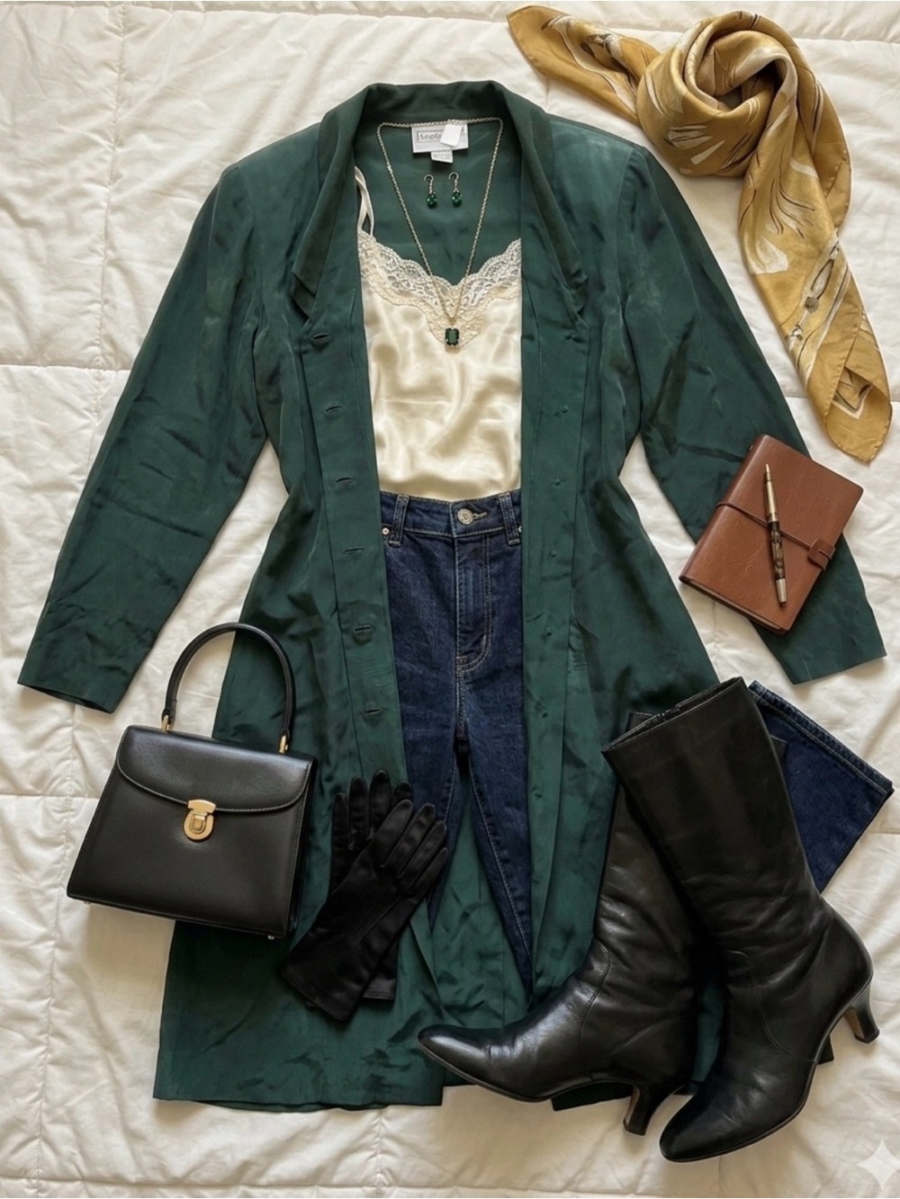 Deep Green Long Duster Coat with Cream Lace Cami